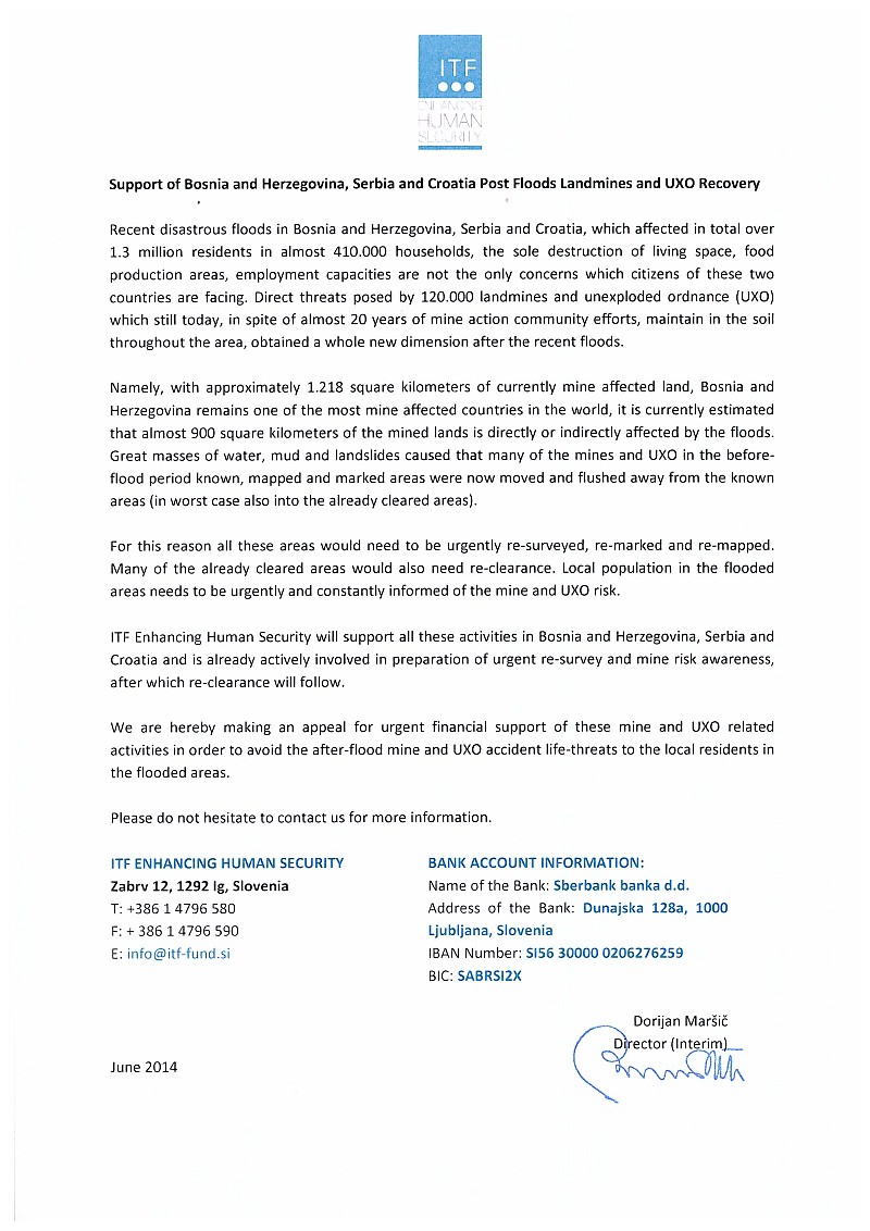 Support of BH, Serbia and Croatia Post Floods Landmines and UXO Recovery